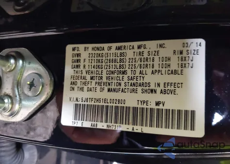 2014 Honda Crosstour Ex-L V6 z USA, uszkodzony, nr VIN 5J6TF2H51EL002900